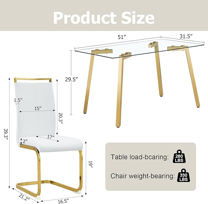 Dining Table Set of 4,51" Rectangle Tempered Glass Table Top with Golden Metal Legs,Kitchen Room Table with 4 White Faux Leather Dining Chairs,Dinner Table for Dining Room Office
