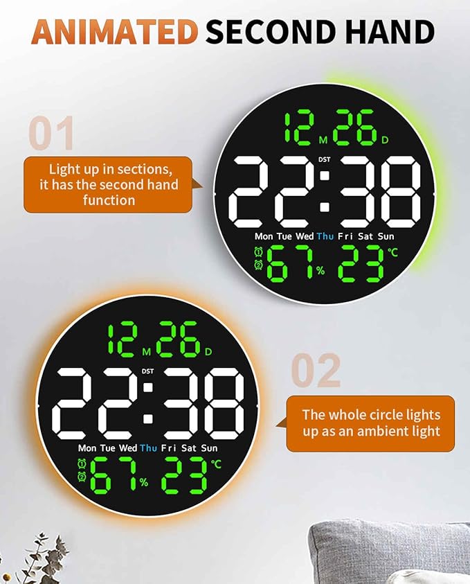 10 Inch Large Digital Wall Clock with 9 Color Changing Remote Control, Date Week Temperature, Auto Brightness Dimmer Big Clock with Night Lights,Green