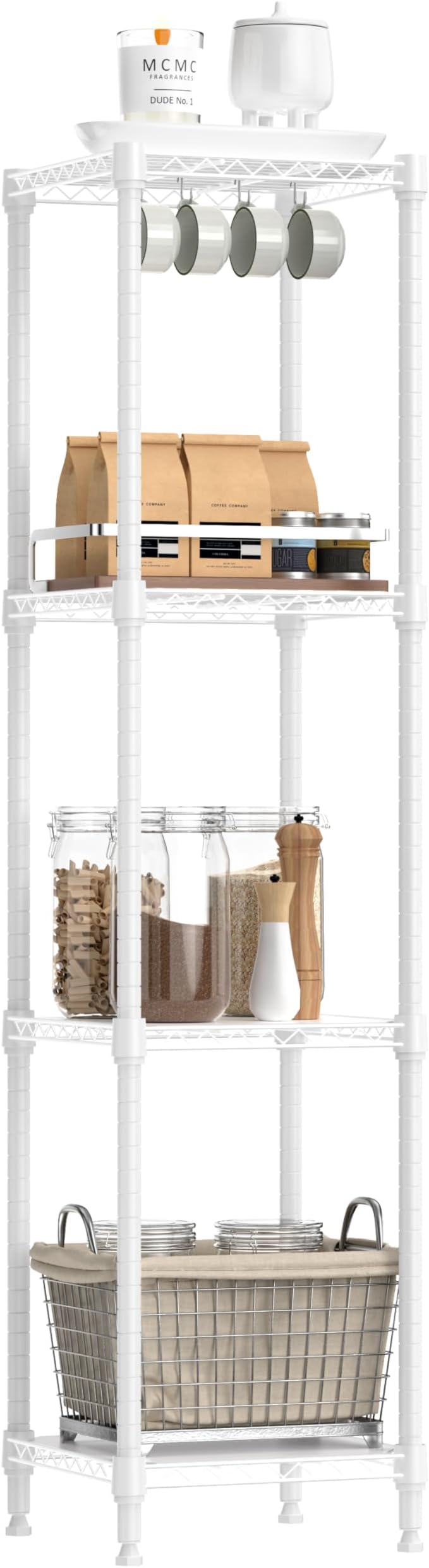 IZEUK 4 Tier Steel Storage Shelves, Adjustable Wire Shelving Unit for Kitchen, Bathroom, or Office Organization, Heavy Duty Metal Rack, 480 lbs Capacity, 11.8" D x 11.8" W x 47.3" H, White