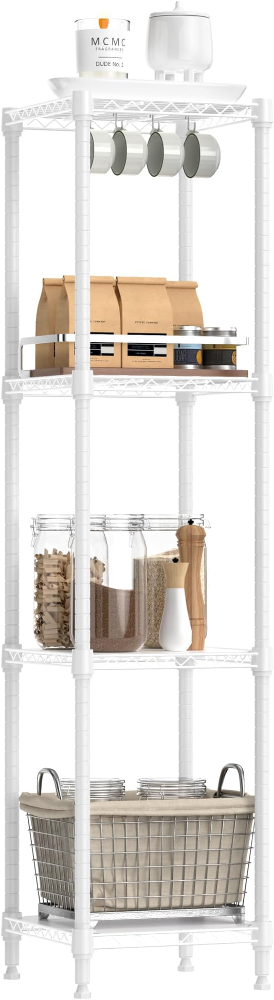 IZEUK 4 Tier Steel Storage Shelves, Adjustable Wire Shelving Unit for Kitchen, Bathroom, or Office Organization, Heavy Duty Metal Rack, 480 lbs Capacity, 11.8" D x 11.8" W x 47.3" H, White