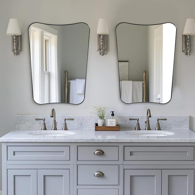 ANDY STAR Brushed Nickel Bathroom Mirror, 22x30 Silver Metal Framed Mirrors for Bathroom, Irregular Wall Mirror in Anti-Rust Stainless Steel Frame, Unique Shape Frame Ideal for Home Remodel