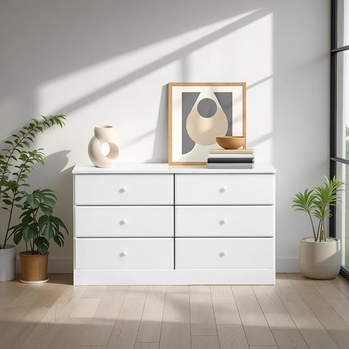 Prepac Astrid 6 Drawer Double Dresser for Bedroom, Wide Chest of Drawers, Bedroom Furniture, Clothes Storage and Organizer, 15.5" D x 47.5" W x 26.85" H, White