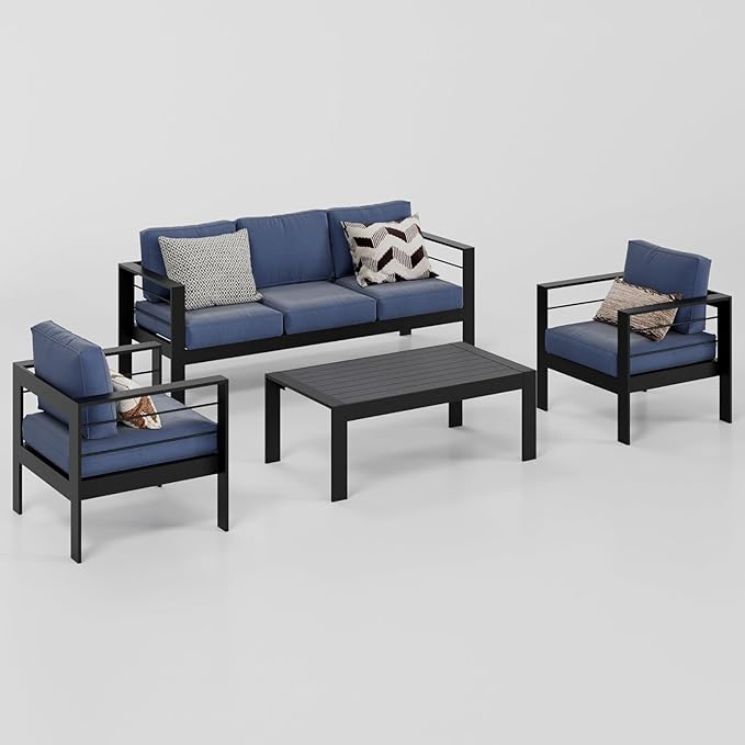 Wisteria Lane Aluminum Outdoor Patio Furniture Set, 5 Seats Modern Outdoor Conversation Set Sectional Sofa with Upgrade Cushion and Coffee Table for Balcony,Black Frame and Blue Cushion