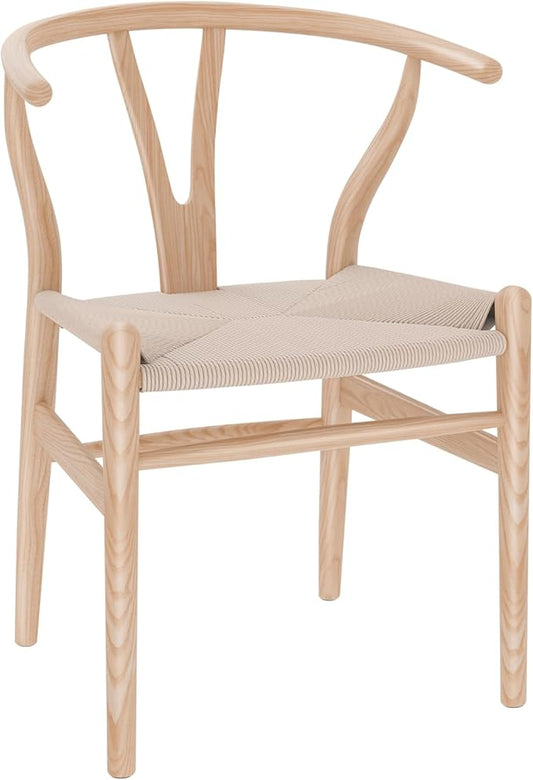 Wishbone Chair Natural Solid Wood Dining Chair/Hans Vegner Y Chair Rattan and Wood Accent Armrest Chair (Ash Wood + Natural Wood Color)