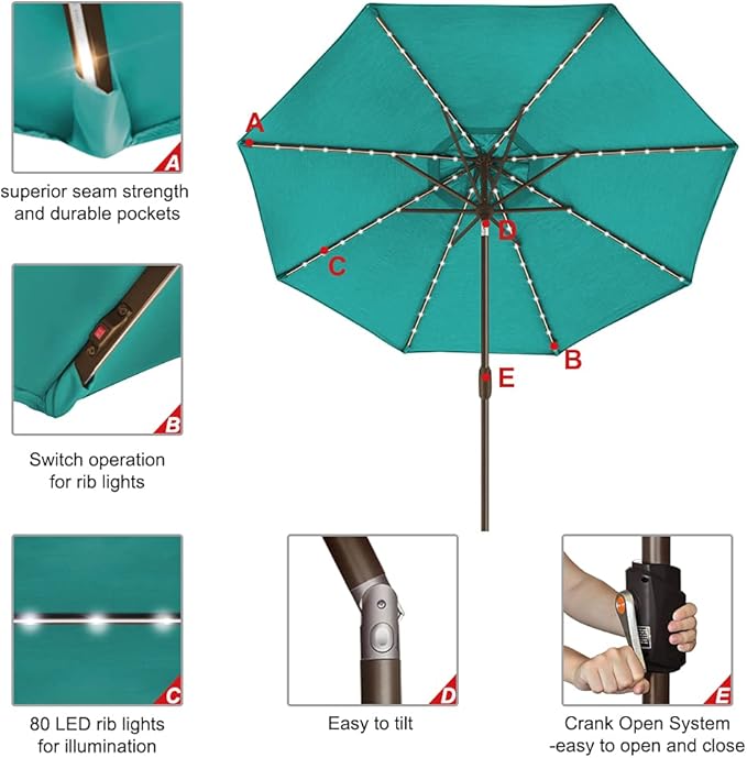 EliteShade USA 10-Year-Non-Fading Solar 9ft Market Umbrella with 80 LED Lights Patio Umbrellas Outdoor Table Umbrella with Ventilation, Teal