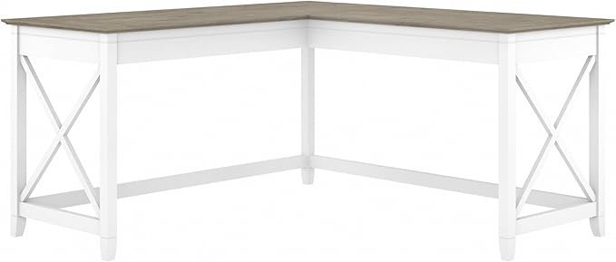 Bush Furniture Key West Modern Farmhouse L-Shaped Desk L Desk for Home Office in Pure White and Shiplap Gray 60W Corner Desk