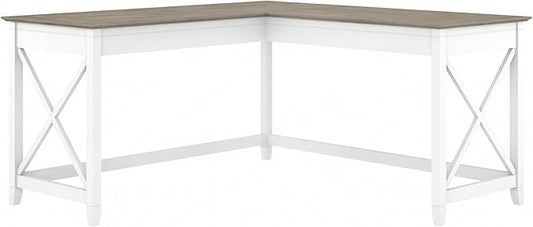 Bush Furniture Key West Modern Farmhouse L-Shaped Desk L Desk for Home Office in Pure White and Shiplap Gray 60W Corner Desk