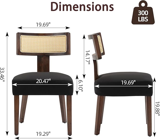 Upholstered Rattan Dining Chairs Set of 6, Mid-Century Modern Fabric Dining Room Chairs with Brown Hardwood Frame, Curved Backrest Kitchen Armless Accent Chairs for Living Room (Black)