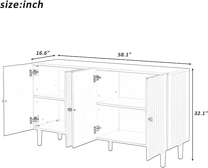 Modern Elegant Sideboard with 4 Wavy Pattern Doors and Cylindrical Legs, 58'' Storage Cabinets with Adjustable Shelves, Accent Entryway Cabinet for Living Room Hallway Kitchen (Black-4UV)