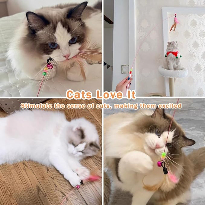 20 Pack Cat Feather Toy Wand, Interactive Pet Kitten Chaser Teaser Wire Wand with Bell Beads for Cat Exercise Play Fun Gifts - Wholesale