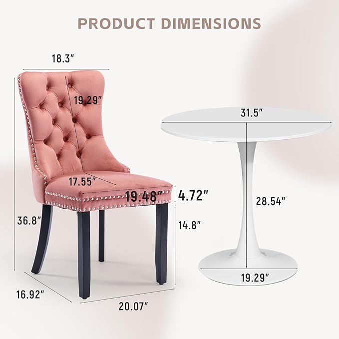 SoarFlash Kitchen Table and Chairs for 2, 31.5" Dining Table Set for 2 with Velvet Upholstered Chairs, 3 Piece Round Kitchen Table Set, Dining Room Table Set for Small Space, Apartment, Pink/White