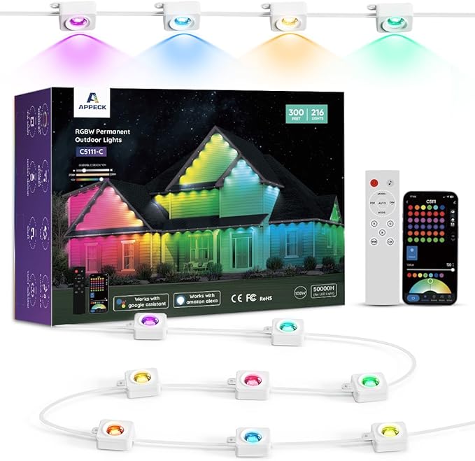 APPECK Permanent Outdoor Lights 300ft with 216 LED Lights, 108W Smart RGBW Eaves Lights, DC 36V, 40LM, IP67 Waterproof String Lights for Halloween Christmas Decor, Compatible with Alexa, White