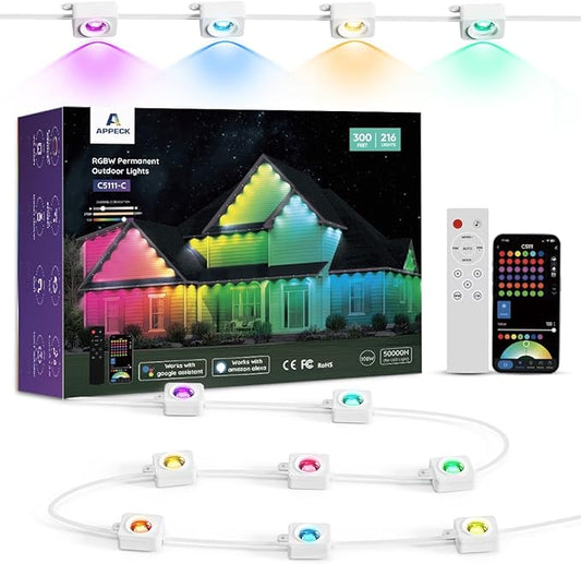 APPECK Permanent Outdoor Lights 300ft with 216 LED Lights, 108W Smart RGBW Eaves Lights, DC 36V, 40LM, IP67 Waterproof String Lights for Halloween Christmas Decor, Compatible with Alexa, White