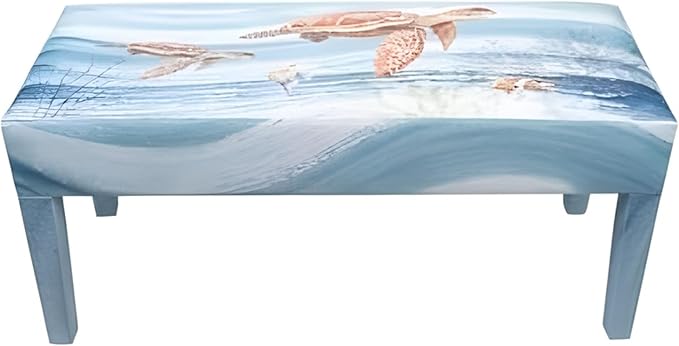 Indoor Bench Coastal Decor Wood Bench Entryway, Bedroom, Bathroom, Living Room, Sun Room Beach Theme Faux Leather Top (Turtle Waves)