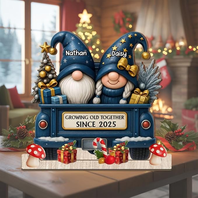 Growing Old Together Christmas Decor, Personalized Gnome Couple Wooden Plaque, Holiday Truck Sign Gift for Parents or Grandparents, Romantic Wooden Keepsake for Couples, Winter Home Decoration