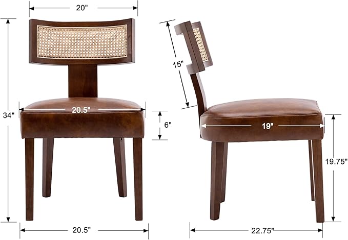 Modern Rattan Back Dining Chairs Set of 2 Rattan Kitchen Chairs PU Leather Upholstered Side Chairs, Modern Kitchen Armless Solid Wood Dining Chairs, Brown