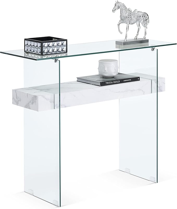 ivinta Glass Entry Table with Storage, 39.4" Modern Console Table for Living Room, Foyer, Hallway, Bedroom 5101 (White)