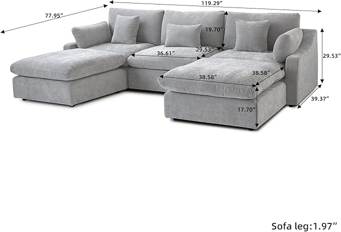 120" Cloud Couch Modular Sectional Sofa with Ottoman,Down Filled U Shaped 5 Seater Convertible Sofa,Cover Washable and Replaceable Couches for Living Room,Gray