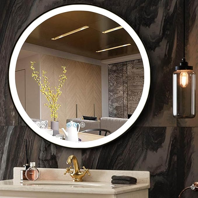 24 Inch Black Round Lighted Vanity Mirror with Lights Black Frame Round LED Mirror for Bathroom Wall Antifog 3Color Adjustable Brightness Frontlit 24" Black Framed Circle LED Light up Mirrors