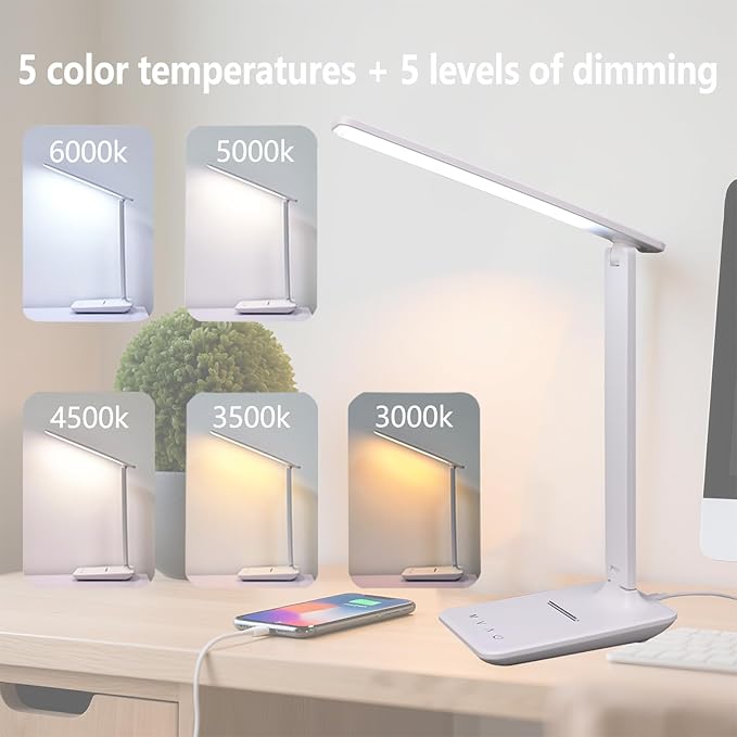 Led Desk Lamp Dimmable Table Lamp with USB Charging Port, 5 Lighting Modes, Sensitive Control, Foldable Portable Dorm Desk Lamps for Home Office Bedroom Reading Study Work (White)