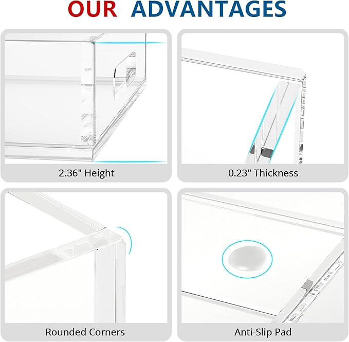 Acrylic Serving Tray with Handles-16x12x2.36Inch-Decorative Tray Letter Tray Organizer for Ottoman Coffee Table Countertop, Clear