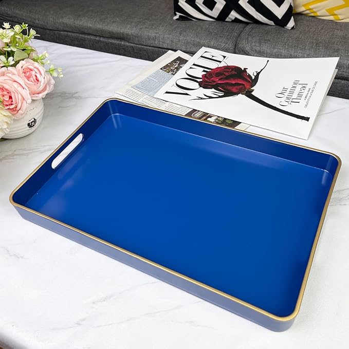 Navy Blue Serving Tray with Handles, Rectangular Decorative Tray for Coffee Table, Plastic Rectangular Tray for Ottoman, Living Room, Bathroom, Home Decor 15.7” x 10.2” x1.37”