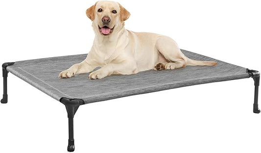 Veehoo Outdoor Elevated Dog Cot Bed, Cooling Raised Pet Bed for Large Dogs, Washable Breathable Mesh Hammock Bed with No-Slip Feet, Indestructible Ground Off Training Platform Cot-42"x30" Black Silver