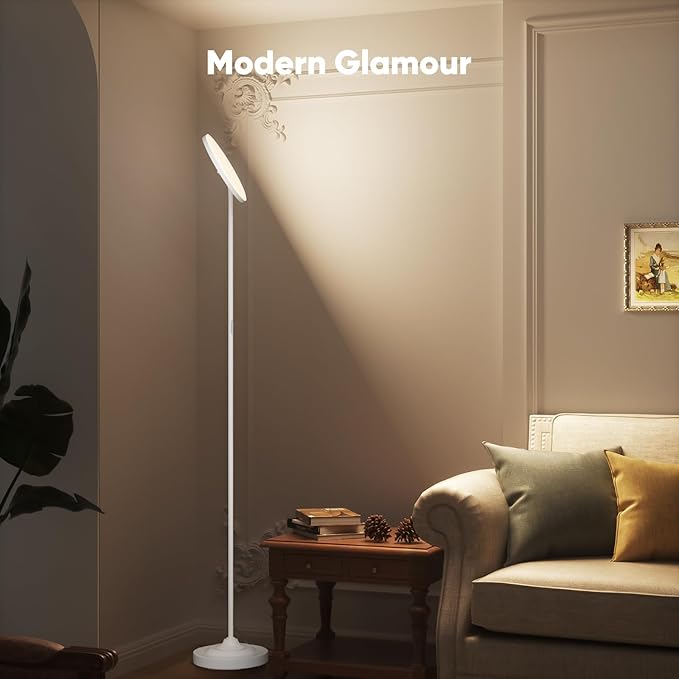 36W LED Floor Lamp, Super Bright Standing Lamp, Modern Stepless Dimmable Torchiere Tall Lamp with Remote Control, 350°Rotating Head Reading Floor Lamp for Living Room, Bedroom, Office - White