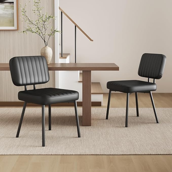 Dining Chairs, Upholstered Mid Century Modern Kitchen Dining Room Accent Chairs with Faux Leather Cushion Seat & Metal Legs for Kitchen, Living Room (Black, Set of 2)