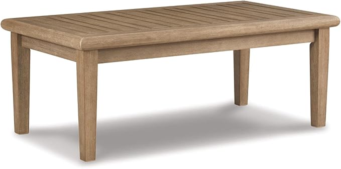 Signature Design by Ashley Gerianne Contemporary Outdoor Rectangular Cocktail Table, Slatted Top Sheds Rainwater, Eucalyptus Wood, 50" W x 26" D x 18.63" H, Beige