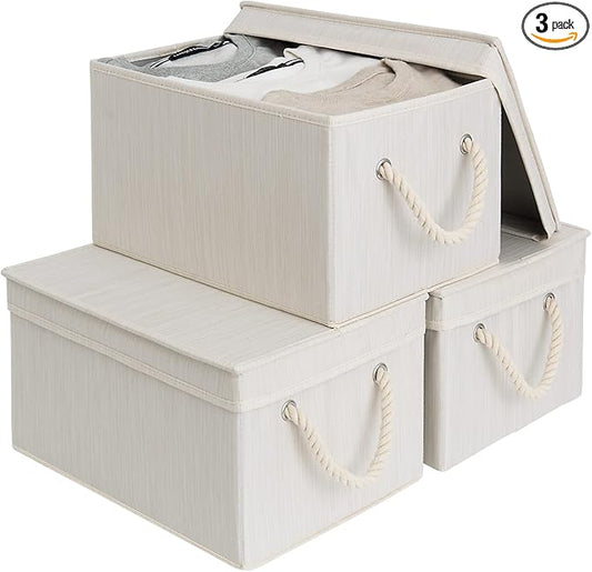 StorageWorks Storage Bins with Lids, Decorative Storage Boxes with Lid and Soft Rope Handles, Foldable Storage Baskets for Closet, Shelves, Stackable, 3-Pack, Ivory and White, Large