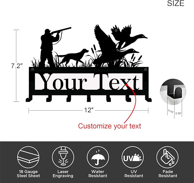 NIWAHO Personalized Family Name Metal Wall Sign with Hooks – Mallard Duck Hunting Key Rack Holder Wall Mount Customized Name for Entryway, Mudroom, Kitchen, or Bathroom Decor