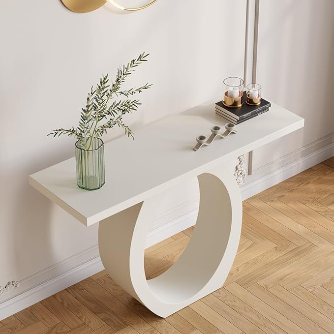 LOVEDIMA 39.4" Modern Entryway Console Table - Slim White Wooden Design with Circle Base, Space-Saving for Hallway, Living Room & Small Spaces (Easy Assembly) (White)