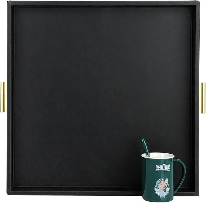 HofferRuffer Elegant Decorative Serving Tray, 20"x20" Square Faux Leather Ottoman Tray with Gold Hardware Handles, Coffee Table Serve Tea, Coffee or Breakfast (Black)