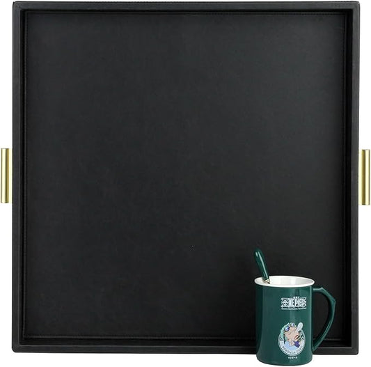 HofferRuffer Elegant Decorative Serving Tray, 20"x20" Square Faux Leather Ottoman Tray with Gold Hardware Handles, Coffee Table Serve Tea, Coffee or Breakfast (Black)