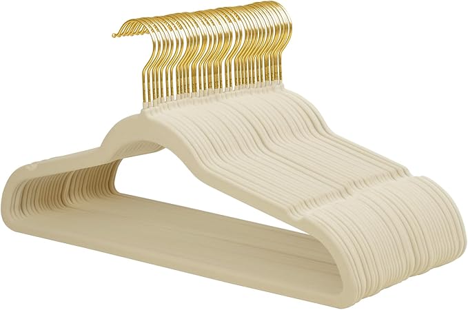 ManGotree Velvet Coat Hangers with 360° Swivel Gold Hook, Non-Slip Felt Suit Hangers, Slim Space Saving Clothes Hanger for Jacket, Sweater, Shirt, Dress, Pants (36 Pack, Beige)