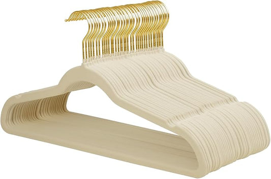 ManGotree Velvet Coat Hangers with 360° Swivel Gold Hook, Non-Slip Felt Suit Hangers, Slim Space Saving Clothes Hanger for Jacket, Sweater, Shirt, Dress, Pants (36 Pack, Beige)