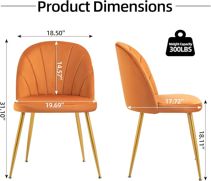Velvet Dining Chairs Set of 2, Upholstered Mid Century Modern Dining Chairs, Armless Accent Chair with Metal Gold Legs for Living Room, Kitchen, Dining Room, Orange