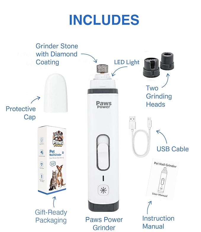 Dog Nail Grinder with LED Light – Quiet Pet Nail Trimmer for Dogs & Cats – 2-Speed Rechargeable Claw Grinder, 3 Ports for All Sizes – Electric, Low Noise, Safe Grooming Tool