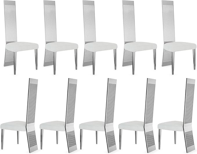 Upholstered Dining Chairs Set of 10, White and Silver Dining Room Chairs, Modern Luxury Chairs with High Back and Mirrored Silver Metal Legs for Kitchen Living Room Restaurant