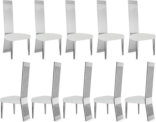 Upholstered Dining Chairs Set of 10, White and Silver Dining Room Chairs, Modern Luxury Chairs with High Back and Mirrored Silver Metal Legs for Kitchen Living Room Restaurant
