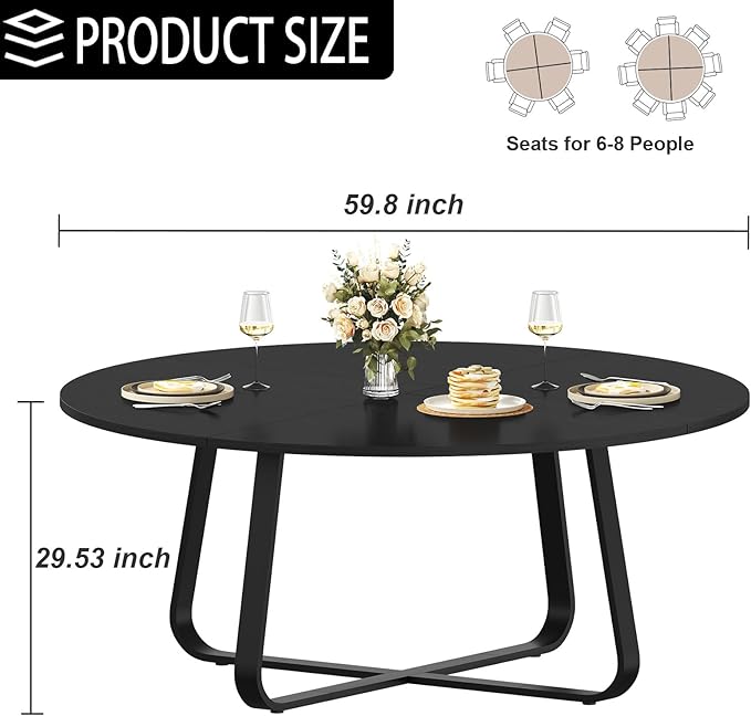 LVB Black Round Dining Table for 6 to 8, 60” Modern Wood Metal Kitchen Table, Industrial Large Dinner Room Table, Circle Dining Table for Home Gathering Living Room