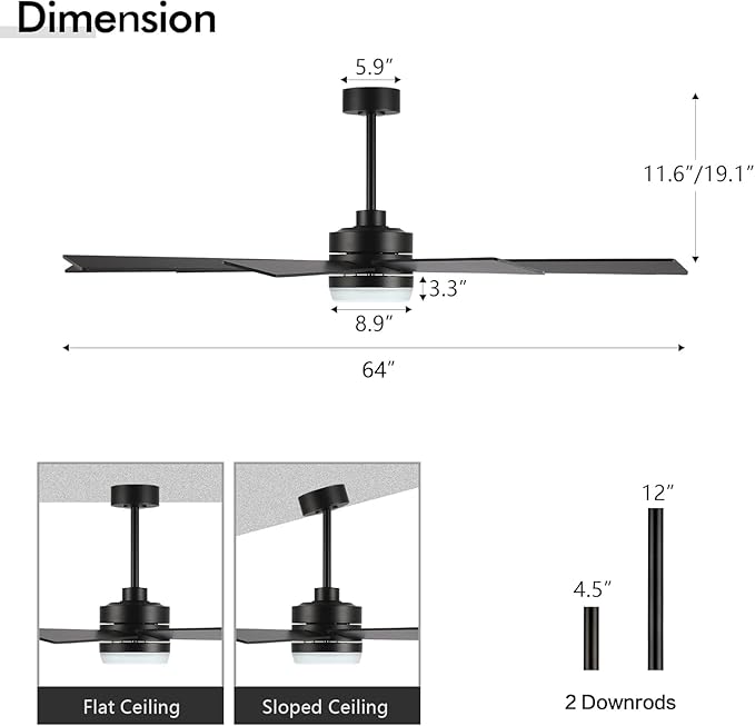 64" DC Motor Ceiling Fan with Light, 6-Speed Remote Control, Reversible Motor, Modern 9 Blades Black Ceiling Fan with 4.5"/12" Downrods for Home or Commercial, Living Room/Restaurant