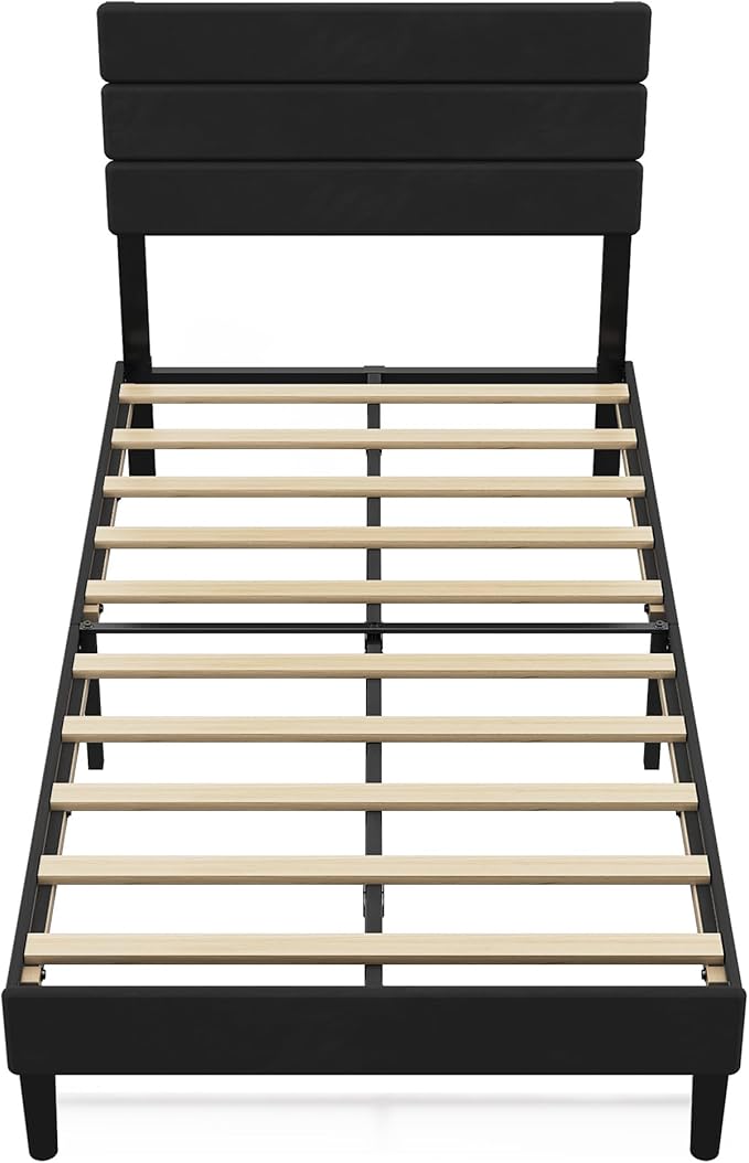 WLIVE Twin Size Upholstered Bed Frame, Velvet Square Tufted Headboard,Sturdy Metal & Wooden Slats Support, No Box Spring Needed, Black