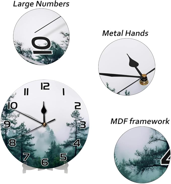 Foggy Pine Tree Forest Wall Clock Battery Operated 10 in Round Wall Clocks Slilent Non Ticking Quartz Analog Clock for Bedroom Kids Living Room Classroom Decor