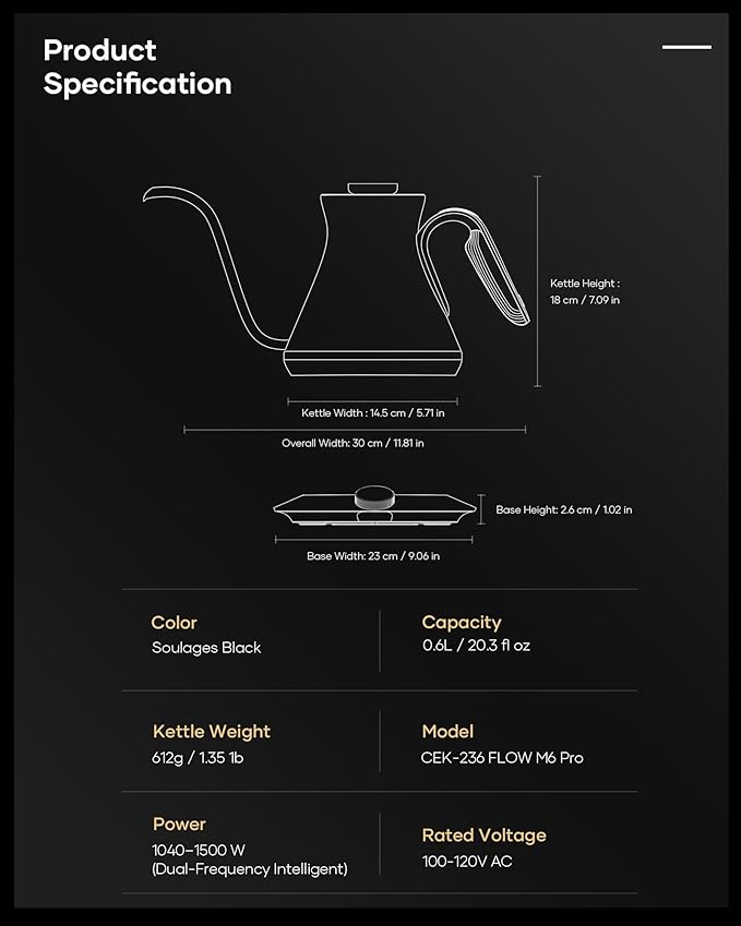 Cocinare Soulagues Electric Gooseneck Kettle, ±0.5℉ Temperature Control for Pour-over Coffee & Tea, Stainless Steel Interior, Quick Heating for Boiling Water (Soulages)