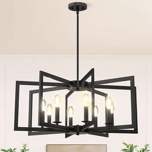 Modern Black Chandelier, 8-Light Geometric Dining Room Light Fixture, Industrial Pendant Lights Kitchen Island, Hanging Metal Farmhouse Chandeliers for Dining Room Entryway Foyer Bedroom Kitchen