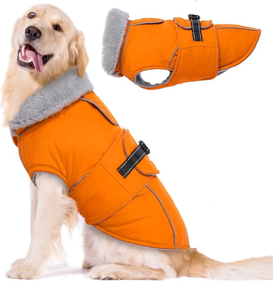 Lelepet Warm Dog Coat Reflective Fleece Vest Waterproof Dog Jacket with Adjustable Buckle Hook & Loop Windproof Cold Weather Coats for Small Medium Large Dogs, Orange, XXXL
