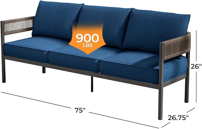 Gand Patio Outdoor 3-Seat Couch Sofa, Wicker Conversation Set with Thick Cushion for Porch, Garden, Yard, Peacock Blue