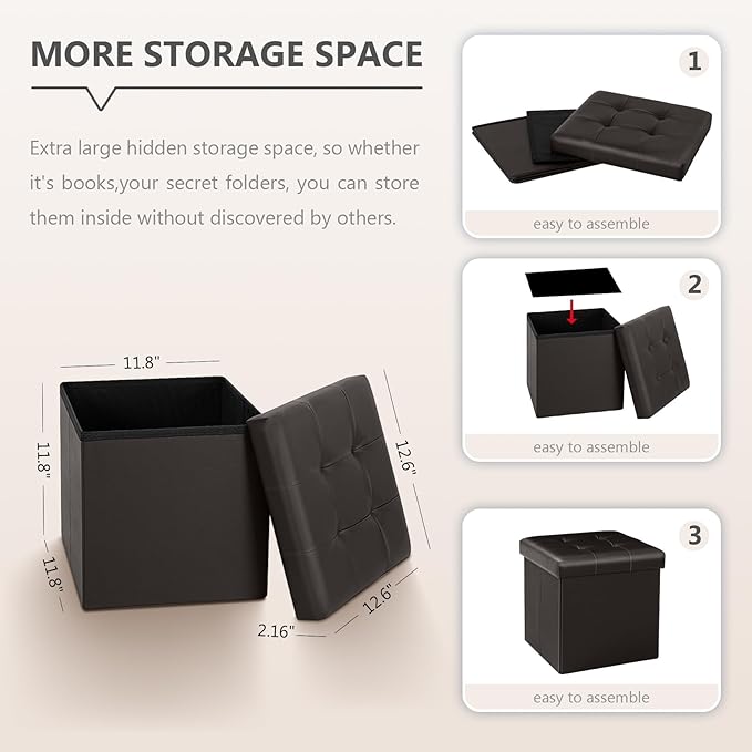 B FSOBEIIALEO Folding Storage Ottoman Cube Footrest Faux Leather for Living Room Seat Chest Brown 12.6"X12.6"X12.6"